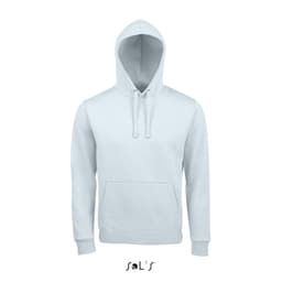 A light blue unisex hoodie made of 80% ringspun cotton and 20% polyester, featuring a front pocket and hood.