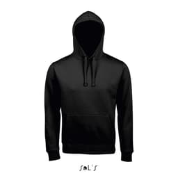 A black unisex hoodie made of 80% ringspun cotton and 20% polyester, featuring a front pocket and a hood.