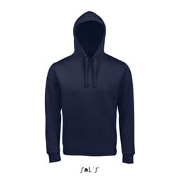 A unisex navy hoodie made from 80% ringspun cotton and 20% polyester, featuring a front pocket and a hood.