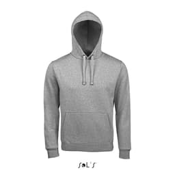 A grey unisex hoodie made of 80% ringspun cotton and 20% polyester, featuring a front pocket and hood.