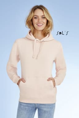 A light pink unisex hoodie made of 80% ringspun cotton and 20% polyester. Features a front pocket and a logo.