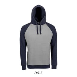 A two-tone hoodie featuring unisex raglan sleeves in grey and navy, made from 80% ring spun cotton and 20% polyester.