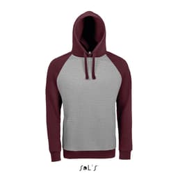 A two-tone hoodie with raglan sleeves in grey and burgundy, made from 80% ring spun cotton and 20% polyester.