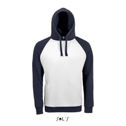 A two-tone unisex hoodie featuring raglan sleeves, in navy blue and white, with a kangaroo pocket and a hood.