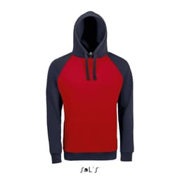 A two-tone unisex hoodie with raglan sleeves, featuring red and navy blue colours. It has a front pocket and a hood.