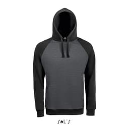 A two-tone unisex hoodie featuring raglan sleeves in grey and black, made from 80% ring spun cotton and 20% polyester.