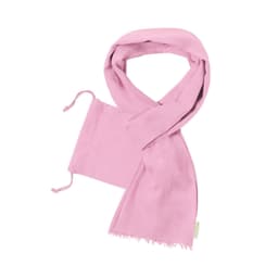 A pink scarf displayed neatly, featuring fringe edges and drawstring ends. It has a tag indicating brand or logo.