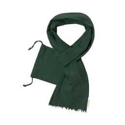 A green scarf displayed neatly, featuring a soft texture and fringed edges, with adjustable ties on one end.
