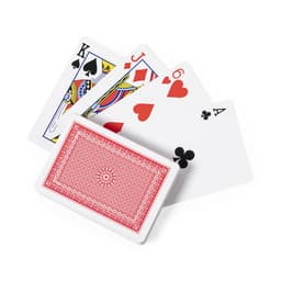 A deck of playing cards featuring a King of Spades, Jack of Diamonds, Ace of Hearts, and a black club design on the reverse.