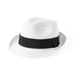 A white straw fedora hat with a stylish black band around the base.