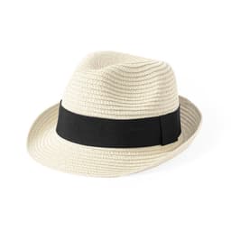 A straw fedora hat in cream with a black band. The hat has a classic, stylish design.