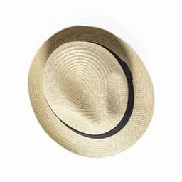 A straw hat in a light tan colour with a black band around the crown. It features a circular, woven design.