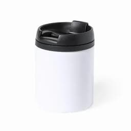 A drink bottle featuring a white body and black lid, equipped with a sipping spout and a logo.