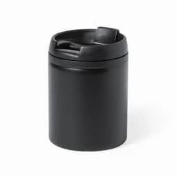 A drink bottle in sleek black with a secure lid and a narrow opening. Features a simple design and a logo.