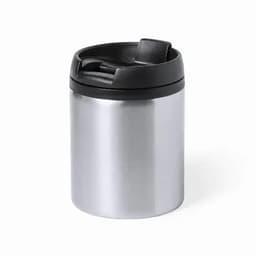 A drink bottle with a sleek silver body and a black lid that has a spout for easy pouring.