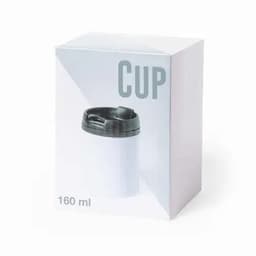 A cup in a white box, featuring a black lid with a small drinking spout. The box contains 160 ml.
