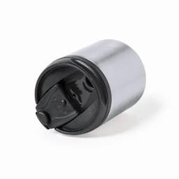 A drink bottle with a stainless steel finish and a black lid, featuring a secure spout for easy pouring.