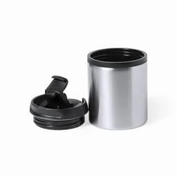 A drink bottle in silver metal with a black plastic lid, featuring a removable cover.