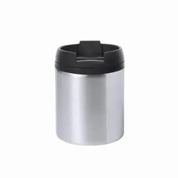 An insulated cup in silver with a black lid, featuring a sleek cylindrical design.