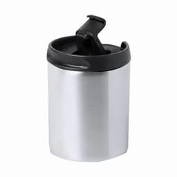 An insulated cup in silver with a black lid, featuring a small opening for drinking. It has a logo on the side.