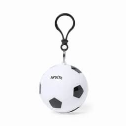 A keychain featuring a small white and black soccer ball design, attached to a black clip.