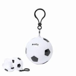 A keychain featuring a mini football design in white and black, with a branding logo visible on the surface.