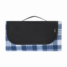 A picnic rug featuring a blue and black plaid design with a black carrying handle and a flap cover.