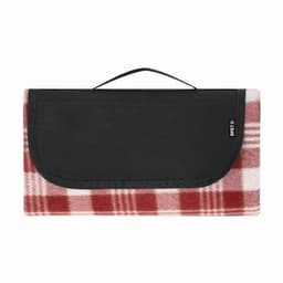 A picnic rug featuring a red and white checkered pattern with a black carrying handle. It has a logo on one side.