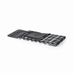 A picnic blanket in a black and white checkered pattern, folded neatly with a black carrying pouch.