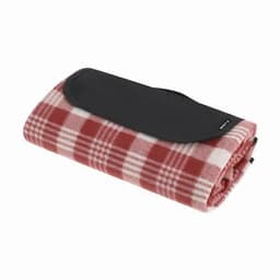 A red and white checked picnic rug, folded with a black leather strap for easy carrying. It features a smooth surface.