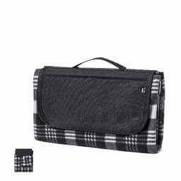 A picnic blanket featuring a black and white plaid design, with a carry handle and a foldable structure.