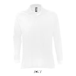 A white long-sleeve jumper with a collar and button-down, made from 100% combed ring spun cotton, featuring a logo.