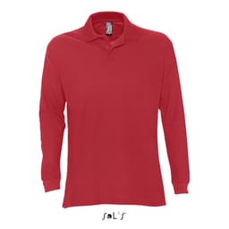 A red jumper with a collar and button down, made from 100% combed ring spun cotton, featuring a logo.
