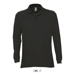 A long-sleeve black jumper with a collar and button-down design made from 100% combed ring-spun cotton, featuring a logo.