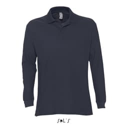 A navy long-sleeve polo shirt with a collar and button-down front, made from 100% combed ring spun cotton.