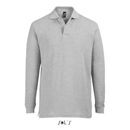 A grey long-sleeved jumper with a collar and button-down front, made from 100% combed ring spun cotton, featuring a logo.