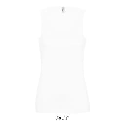 A white women's tank top with a label and no sleeves, featuring a logo at the top.