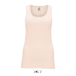 A women's tank top in a soft beige colour with a round neckline and branding on the label.