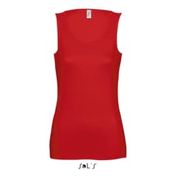 A sleeveless red tank top for women featuring a rounded neckline and a branding label at the neck.
