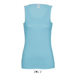 A women's tank top in a light blue colour, featuring a round neckline and no sleeves. It has a logo.