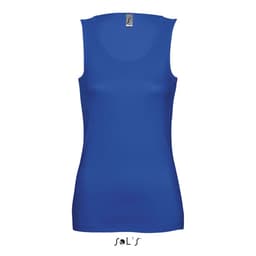 A blue women's tank top with a fitted design and a neck label featuring a logo.