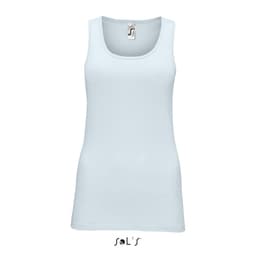 A light blue women's tank top with a scoop neckline, featuring a branding logo.