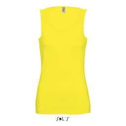 A women's yellow singlet tank top with a fitted design and a logo at the neckline.