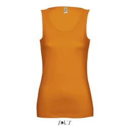 An orange women's singlet tank top with a scoop neckline and a logo on the label.