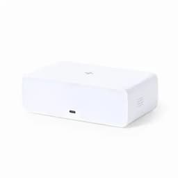 A white product with a smooth surface, featuring a USB-C port and a small logo on top.