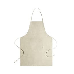 A beige apron with a front pocket and long ties for fastening, featuring a simple design and no visible branding.