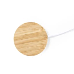 A round bamboo wireless charger with a white cable, showcasing a natural wood texture and smooth surface.