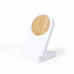 A charging dock featuring a white base and a round bamboo charging pad on top.