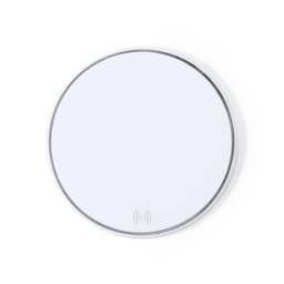 A wireless charging pad in white with a sleek round design, featuring a subtle logo on the base.
