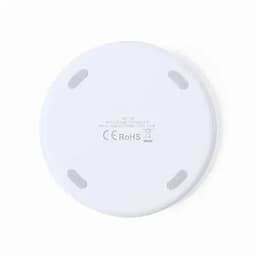 A wireless charging pad in white with rubberised feet to prevent slipping, featuring a logo on the surface.